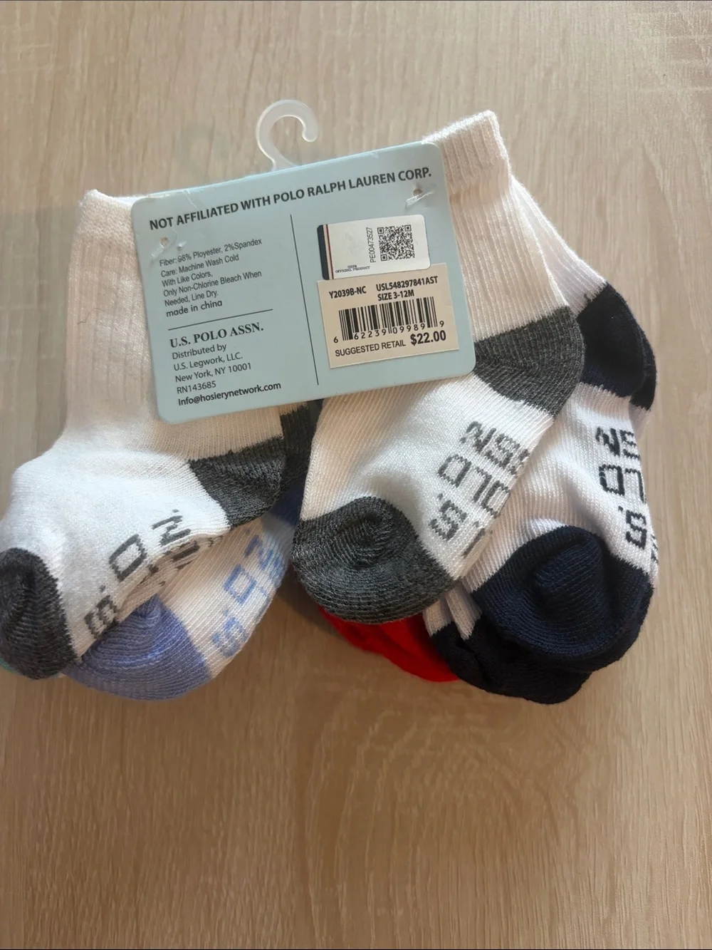 U.S. Polo Assn. Kids Crew Socks - White with Red & Teal Accents
